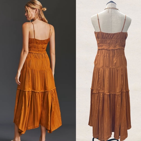 Anthropologie Ruched Slip Dress Molten Bronze Maxi Midi Satin Silk US 2/UK 6 - Picture 3 of 8